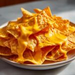 Close-up of tortilla chips generously covered in smooth, melted nacho cheese sauce.