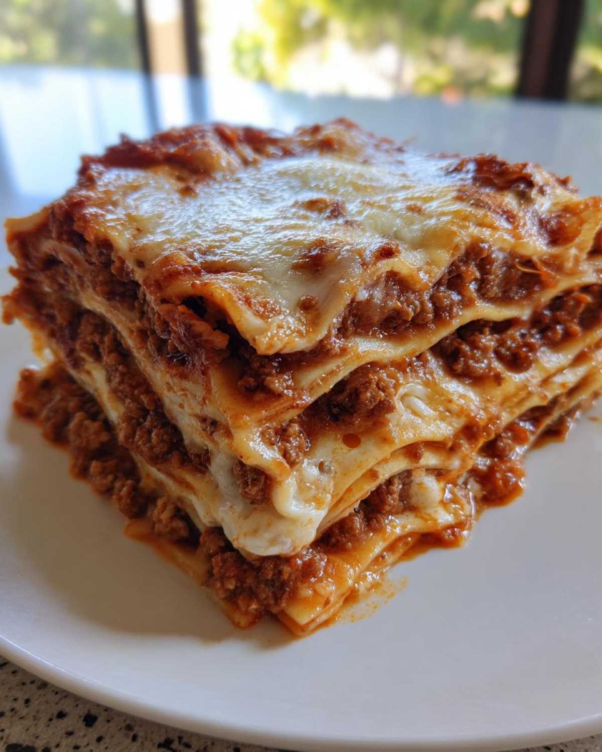 A thick, multi-layered slice of homemade lasagna with rich meat sauce and melted cheese topping.