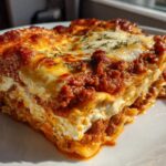 Close-up of a perfectly baked slice of homemade lasagna showing rich layers of meat sauce and cheese.