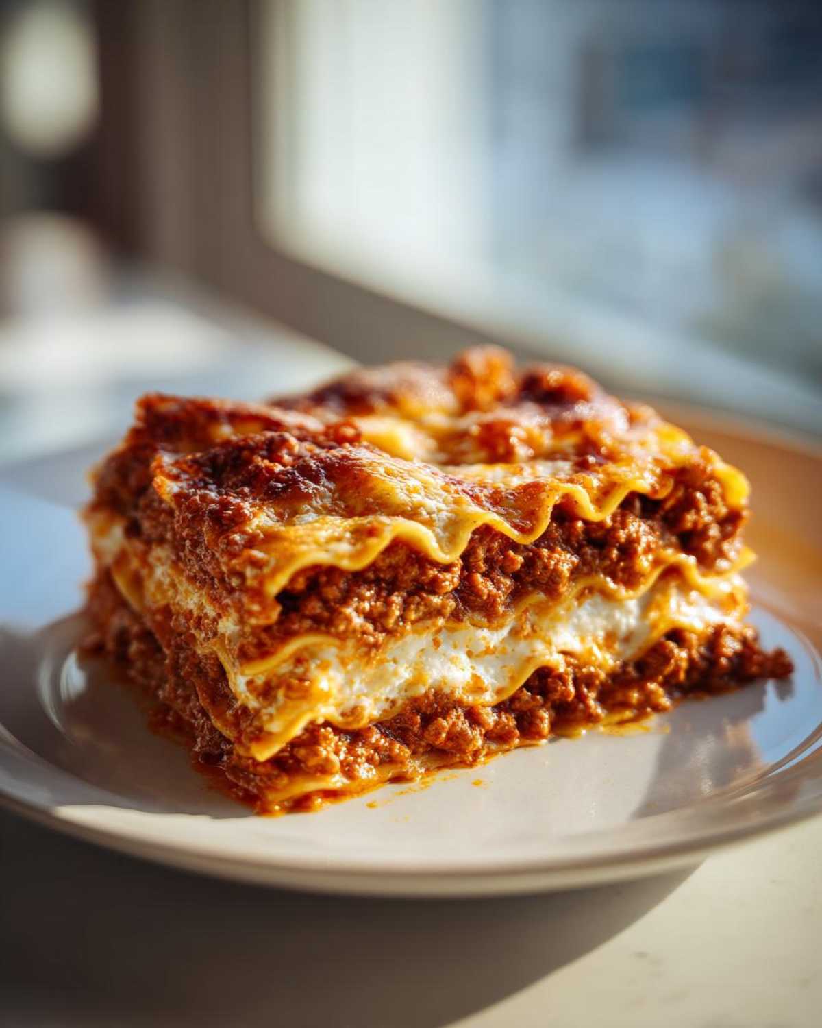 A thick, multi-layered slice of homemade lasagna with rich meat sauce and melted cheese.