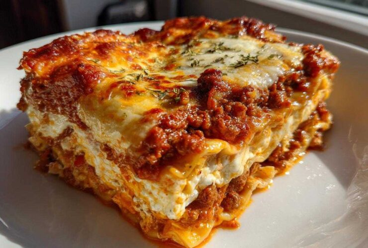 Close-up of a perfectly baked slice of homemade lasagna showing rich layers of meat sauce and cheese.