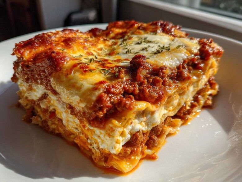 Close-up of a perfectly baked slice of homemade lasagna showing rich layers of meat sauce and cheese.