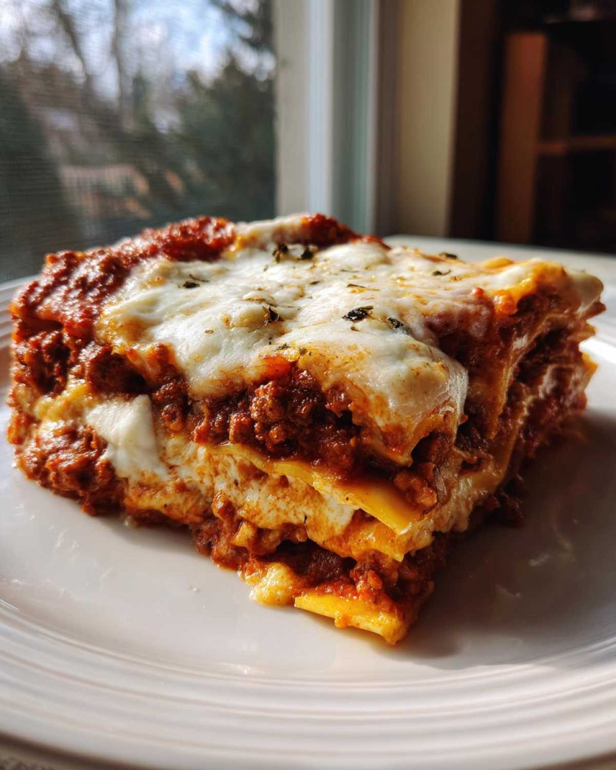 Close-up of a thick, layered slice of homemade lasagna with rich meat sauce and melted mozzarella cheese.