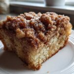 A close-up of a moist slice of apple crumb cake featuring a thick, sugary cinnamon crumb topping on a white plate.
