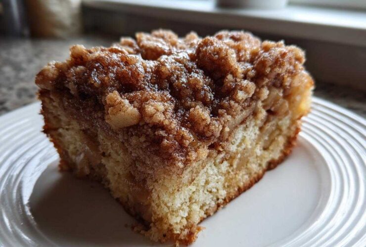 A close-up of a moist slice of apple crumb cake featuring a thick, sugary cinnamon crumb topping on a white plate.