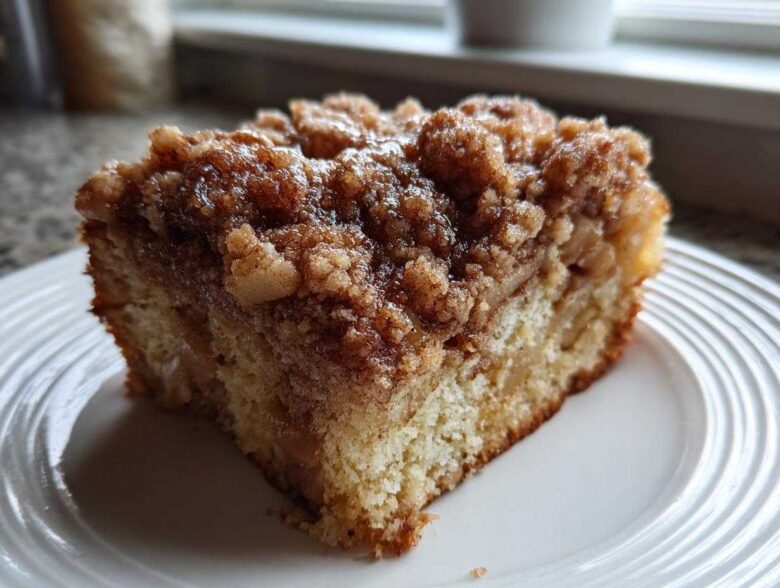 A close-up of a moist slice of apple crumb cake featuring a thick, sugary cinnamon crumb topping on a white plate.