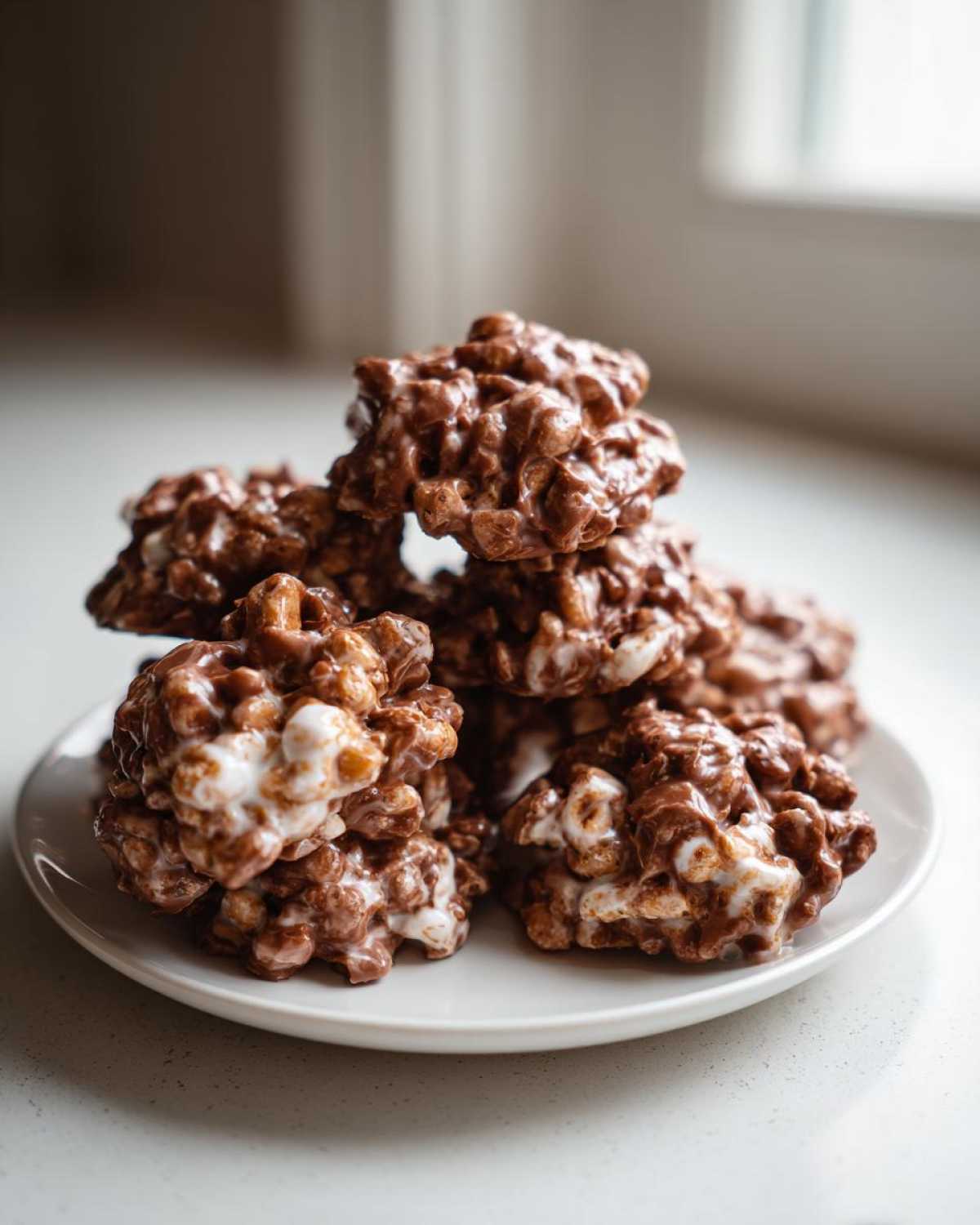 A stack of delicious, messy avalanche cookies covered in chocolate and white marshmallow mixture on a small white plate.