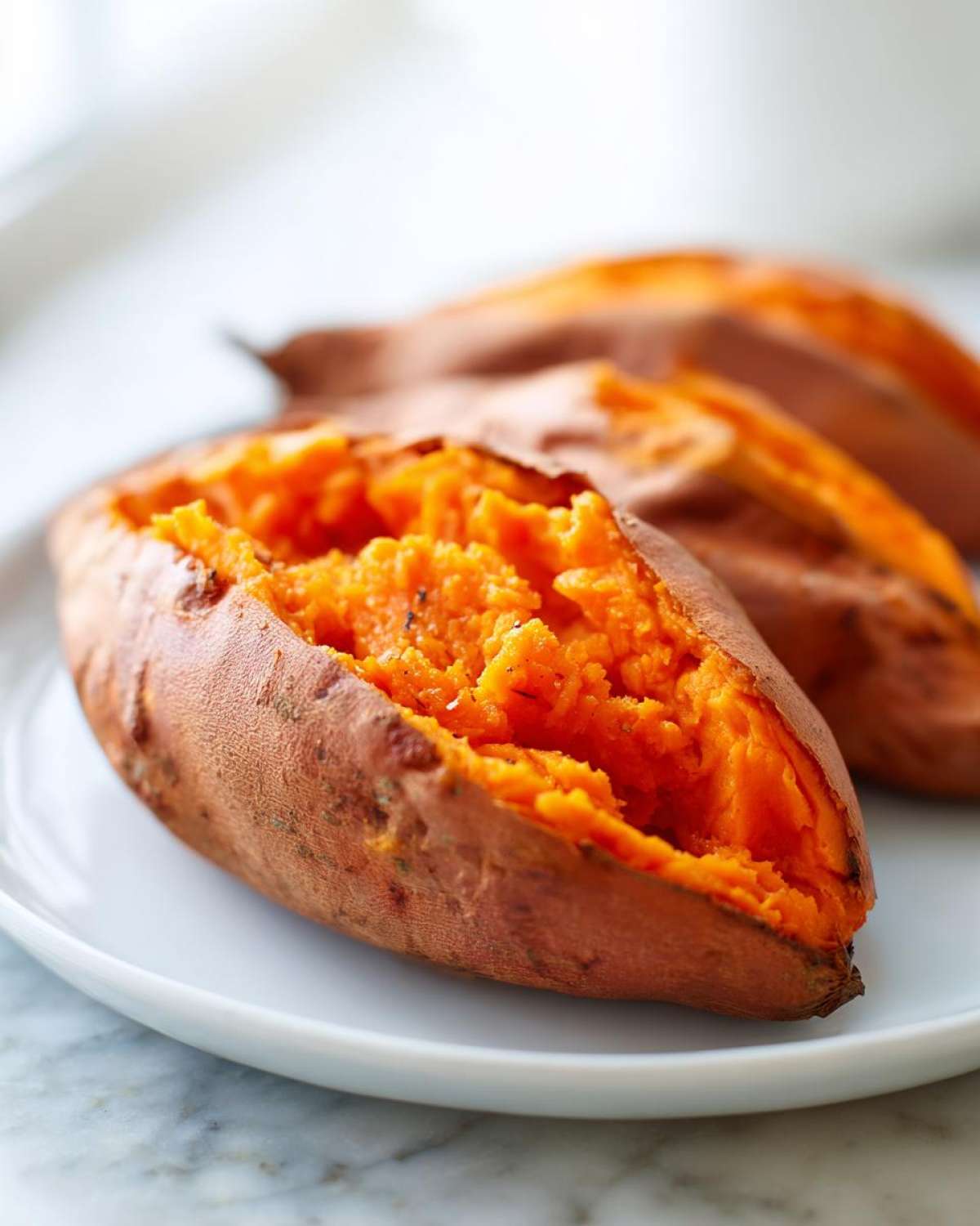 Close-up of a perfectly baked sweet potato split open, showing the bright orange, fluffy interior.