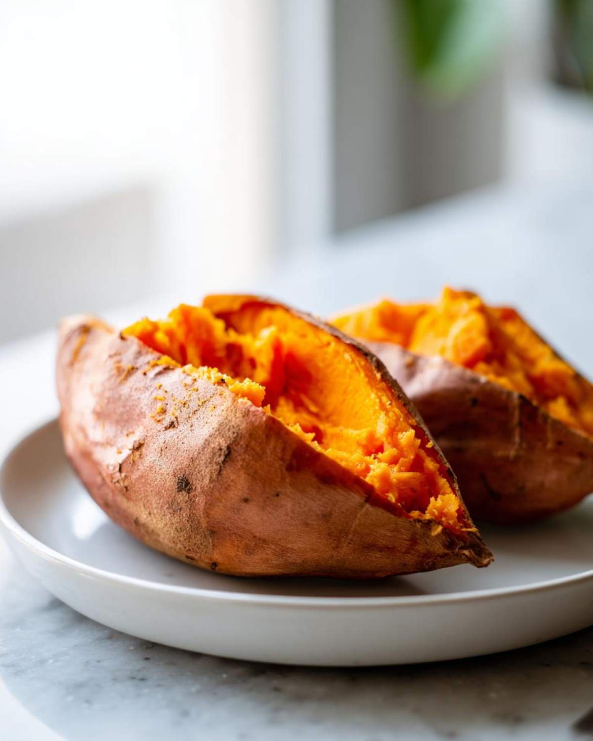 Two halves of a fluffy, bright orange baked sweet potato resting on a white plate.
