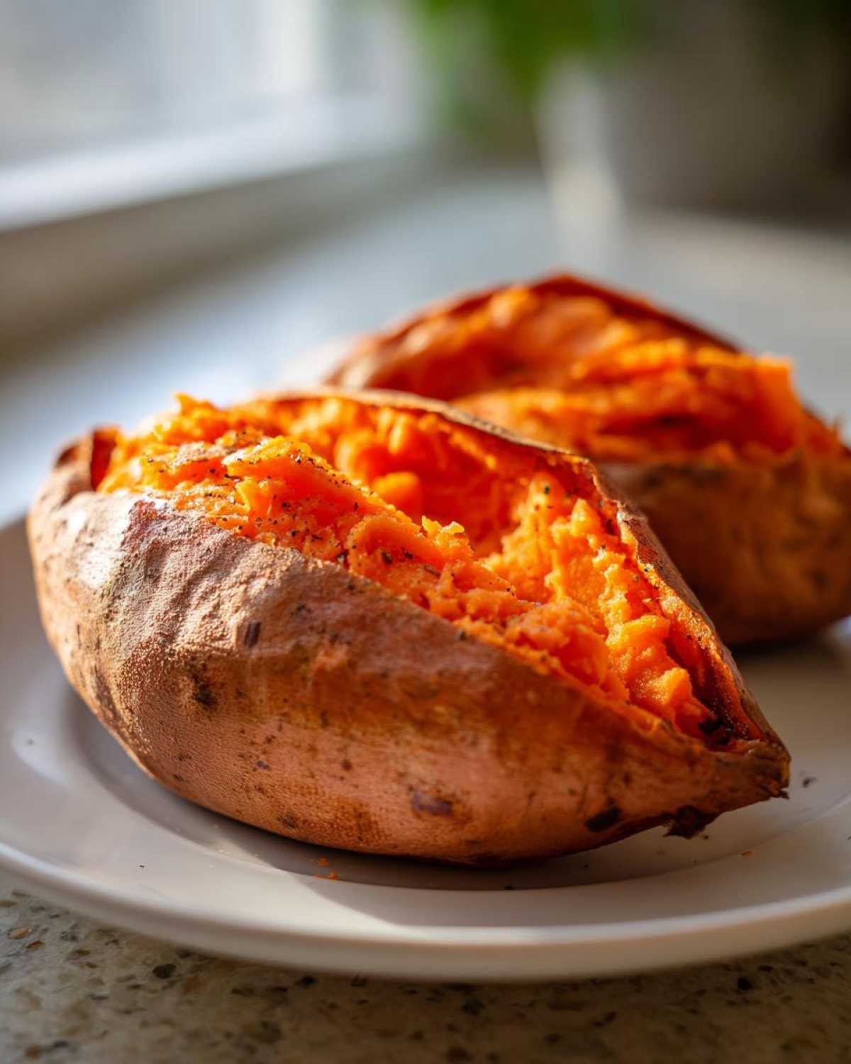Two halves of a perfectly baked sweet potato, showing fluffy orange flesh seasoned with pepper.