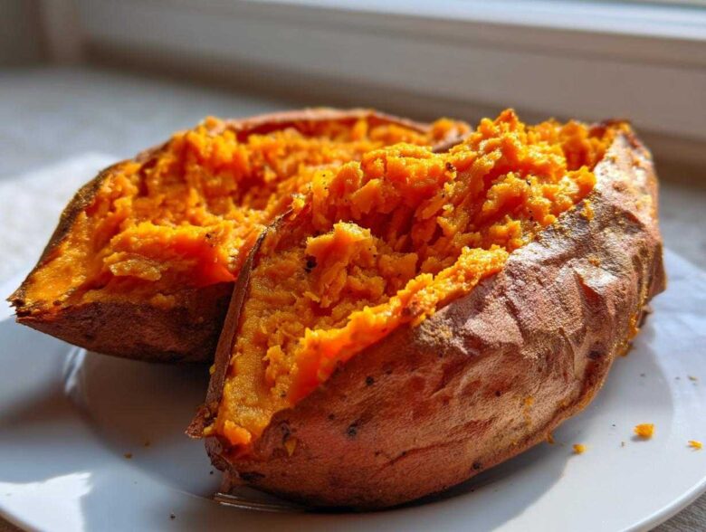 Close-up of a perfectly baked sweet potato cut in half, showing fluffy, bright orange flesh.