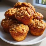 A stack of freshly baked, golden brown banana nut muffins topped with chopped walnuts on a white plate.