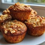 A stack of freshly baked banana nut muffins topped with crunchy nuts and streusel, sitting on a white plate.