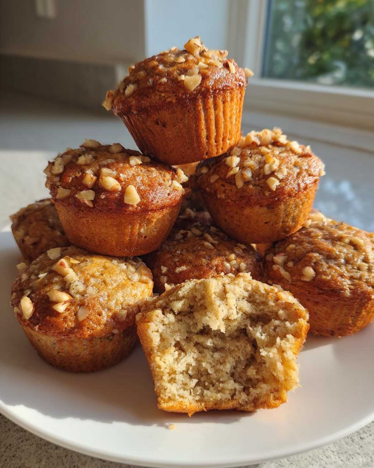 A stack of moist banana nut muffins topped with chopped walnuts, with one muffin broken open showing the soft interior.
