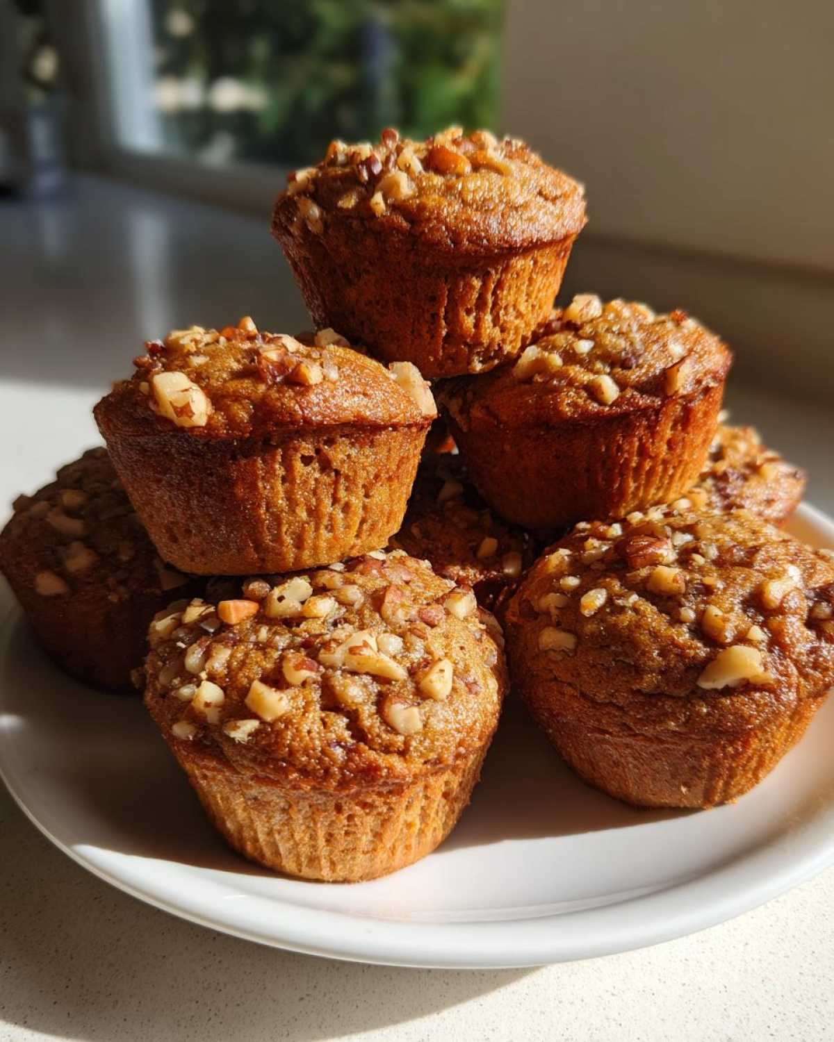 A stack of freshly baked banana nut muffins generously topped with chopped nuts, sitting on a white plate.