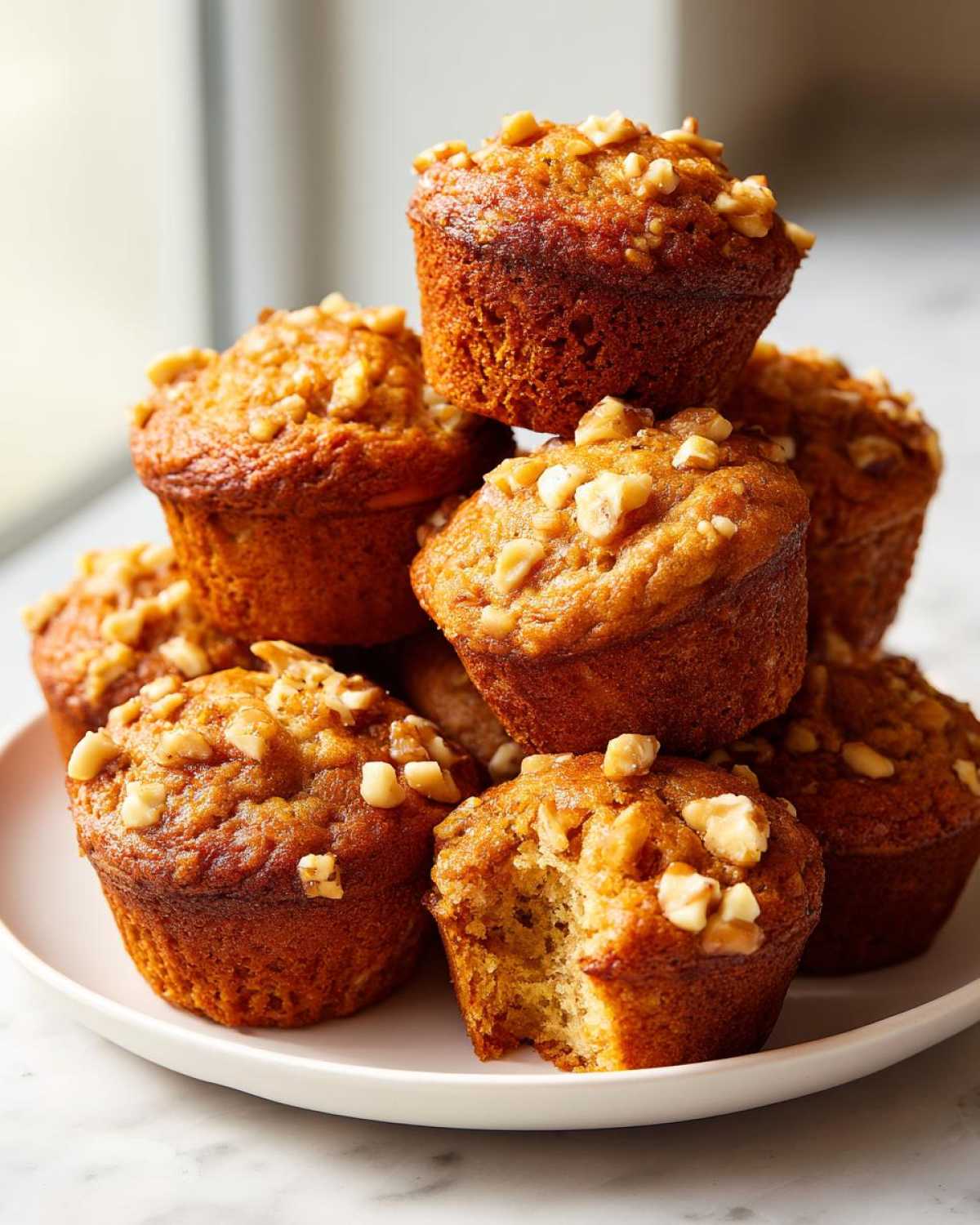 A tempting stack of golden brown banana nut muffins topped with chopped walnuts, one muffin has a bite taken out.