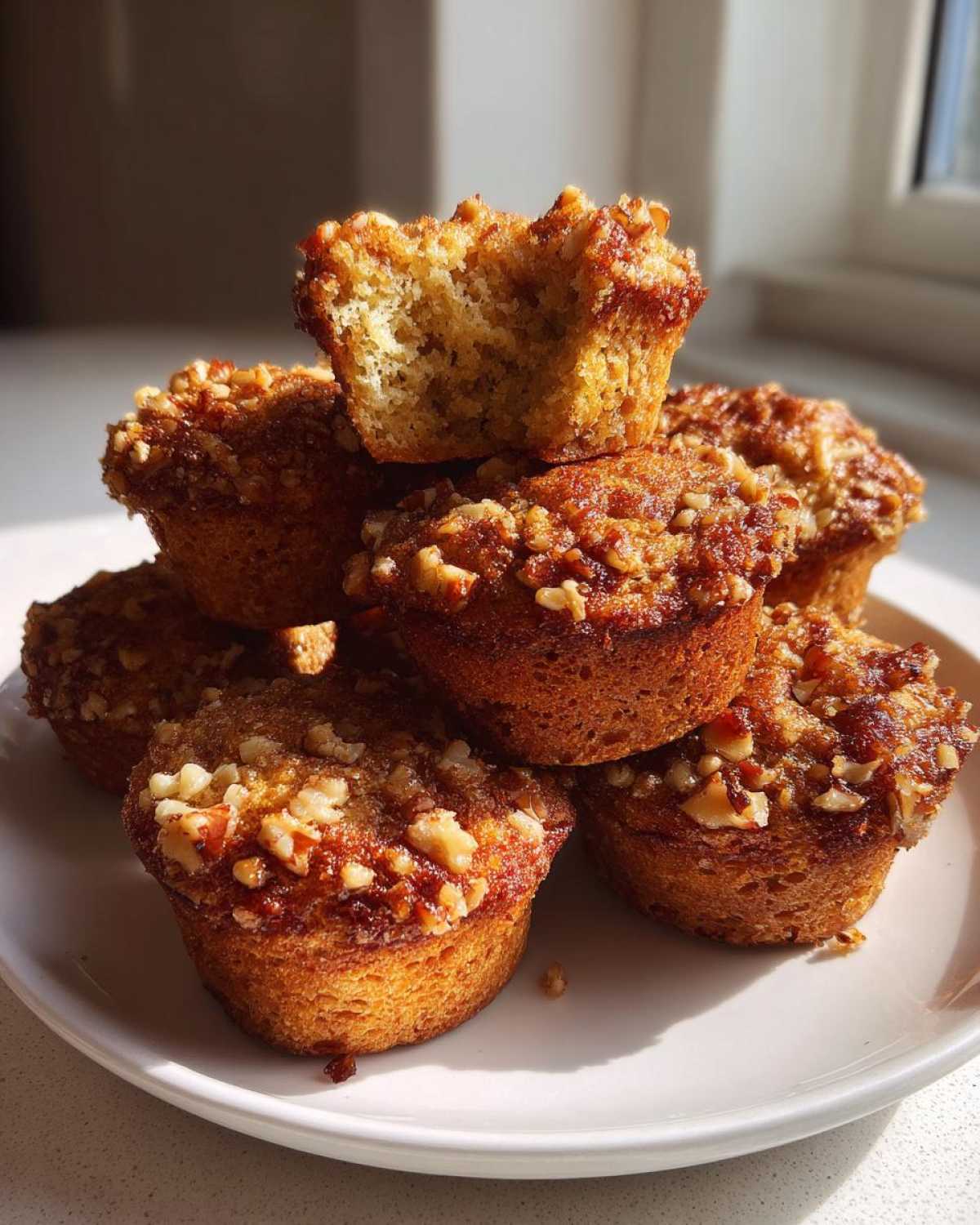 A stack of freshly baked banana nut muffins topped with crunchy nuts and brown sugar crumble.