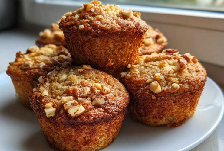 A stack of freshly baked banana nut muffins topped with crunchy nuts and streusel, sitting on a white plate.