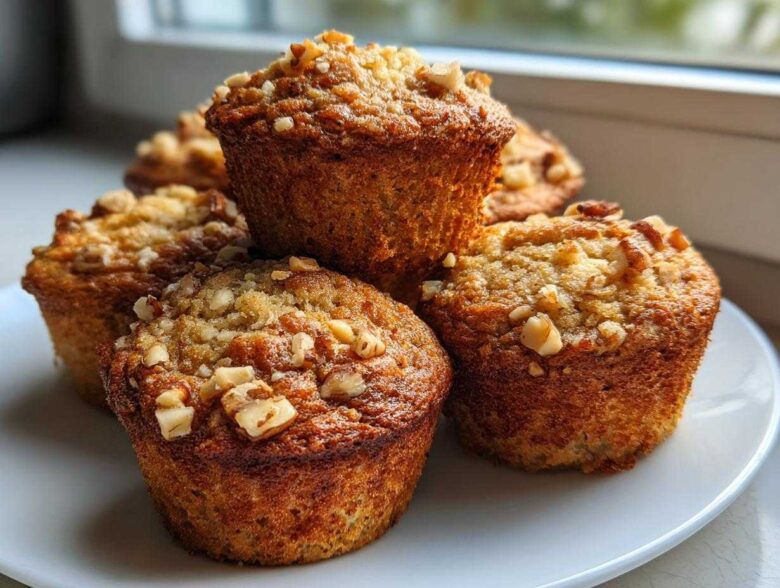 A stack of freshly baked banana nut muffins topped with crunchy nuts and streusel, sitting on a white plate.