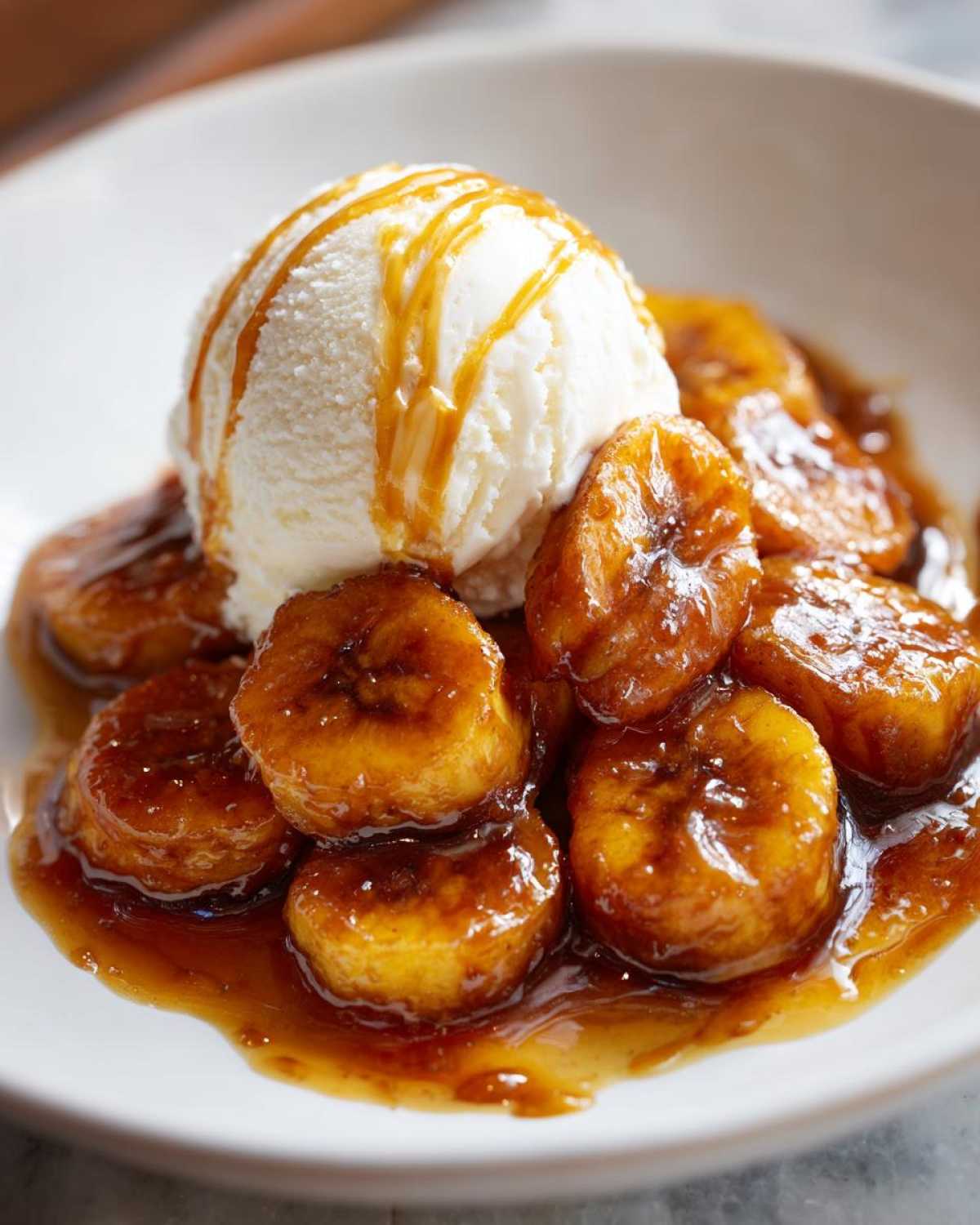 Close-up of caramelized bananas foster served with a scoop of vanilla ice cream drizzled with caramel sauce.
