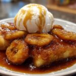 A close-up of a serving of bananas foster, featuring caramelized bananas and rich sauce over a base, topped with vanilla ice cream.