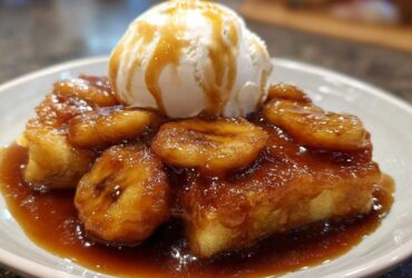 A close-up of a serving of bananas foster, featuring caramelized bananas and rich sauce over a base, topped with vanilla ice cream.