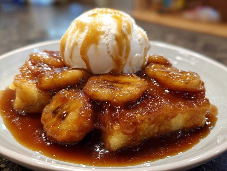 A close-up of a serving of bananas foster, featuring caramelized bananas and rich sauce over a base, topped with vanilla ice cream.