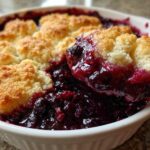 A spoonful of warm, bubbling berry cobbler with golden biscuit topping being lifted from a white baking dish.