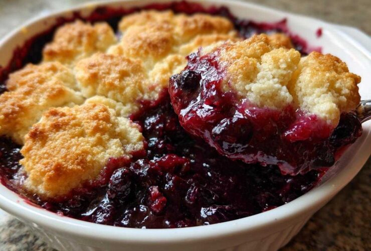 A spoonful of warm, bubbling berry cobbler with golden biscuit topping being lifted from a white baking dish.
