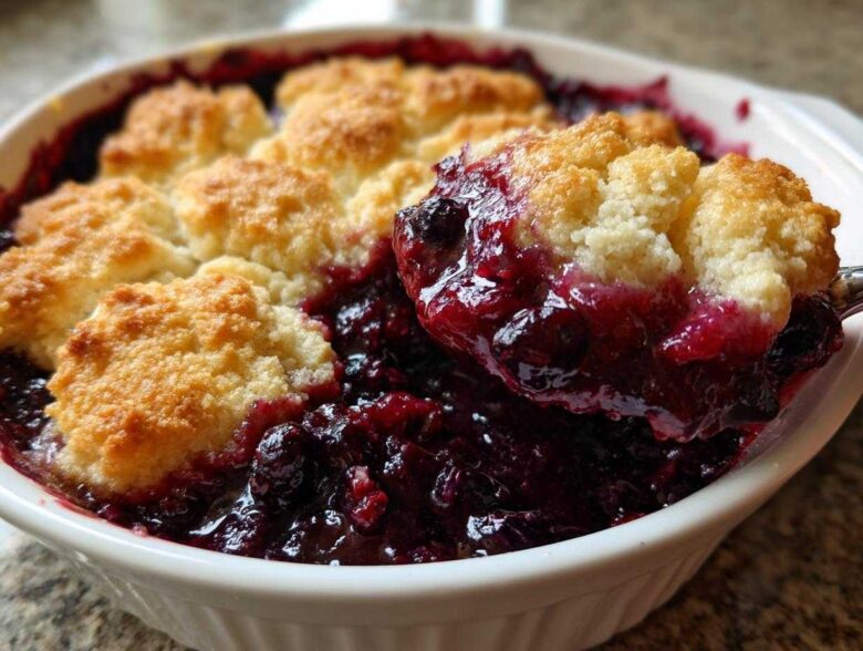 A spoonful of warm, bubbling berry cobbler with golden biscuit topping being lifted from a white baking dish.