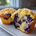 A close-up of two moist blueberry muffins, one cut in half showing the rich purple blueberries inside.