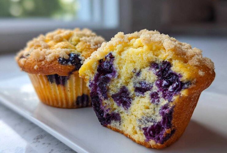 A close-up of two moist blueberry muffins, one cut in half showing the rich purple blueberries inside.
