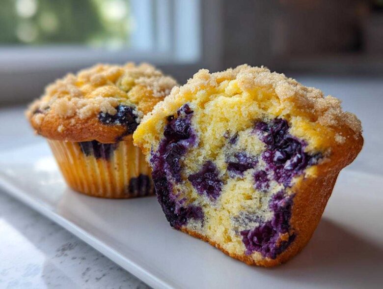 A close-up of two moist blueberry muffins, one cut in half showing the rich purple blueberries inside.