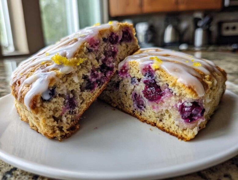 Two halves of a moist blueberry scone, showing the interior packed with blueberries and topped with lemon glaze.