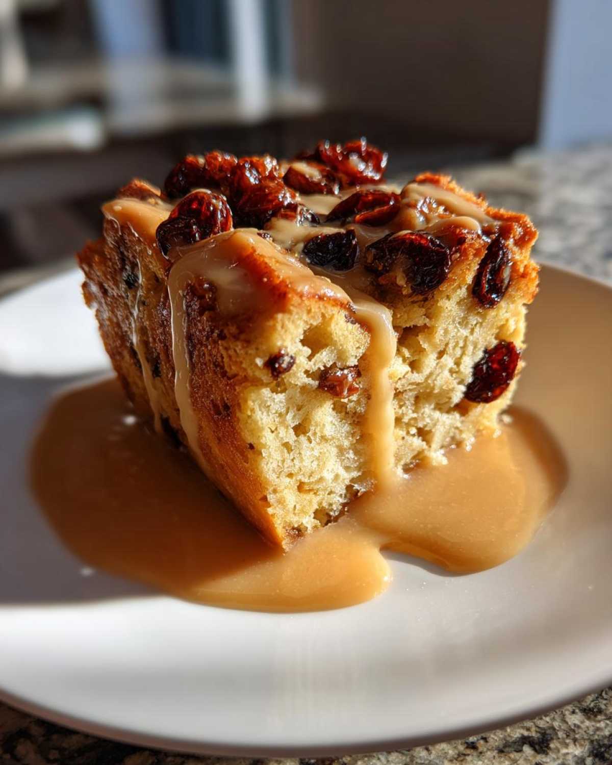A close-up of a moist slice of bread pudding topped with dried fruit and drizzled with rich caramel sauce.