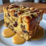 A rich slice of amazing bread pudding studded with raisins, drizzled generously with caramel sauce.