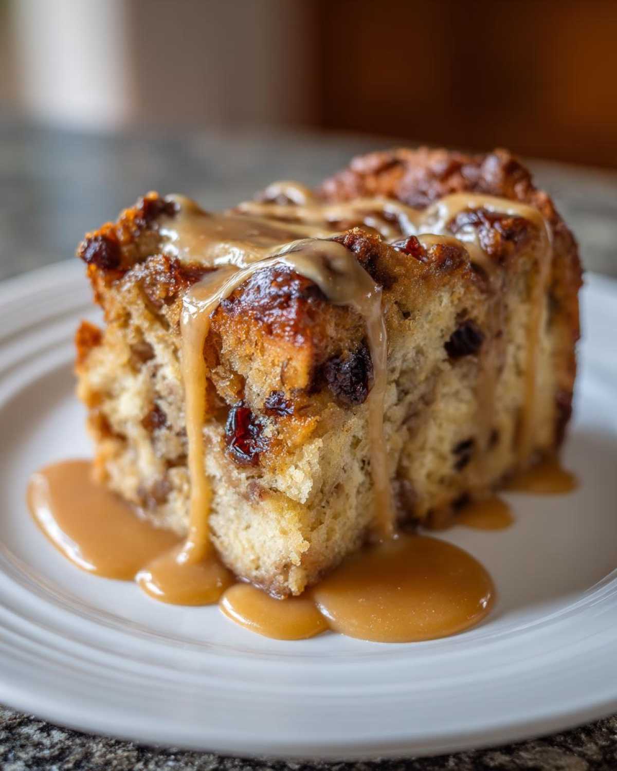 Close-up of a moist slice of bread pudding topped with rich caramel sauce drizzled over dried fruit inclusions.