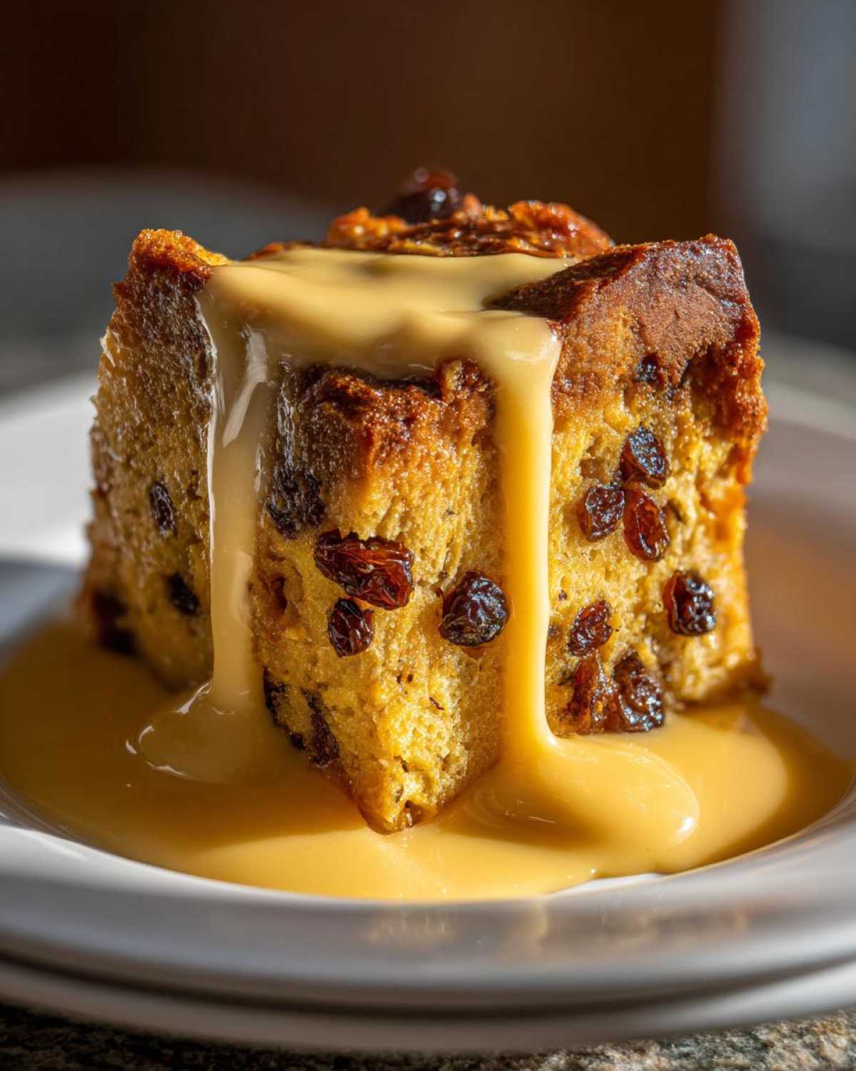 A close-up of a moist slice of bread pudding studded with raisins, generously covered in flowing vanilla custard sauce.