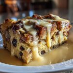 A generous slice of rich bread pudding studded with raisins, generously topped with a thick, creamy sauce.