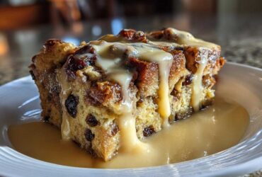 A generous slice of rich bread pudding studded with raisins, generously topped with a thick, creamy sauce.