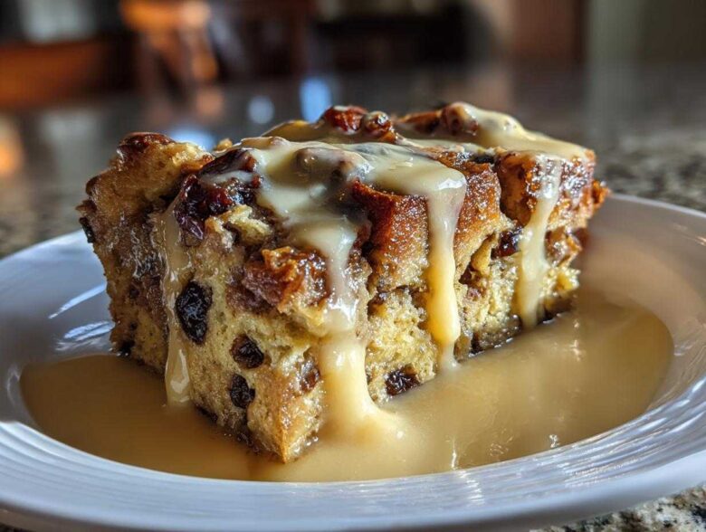 A generous slice of rich bread pudding studded with raisins, generously topped with a thick, creamy sauce.