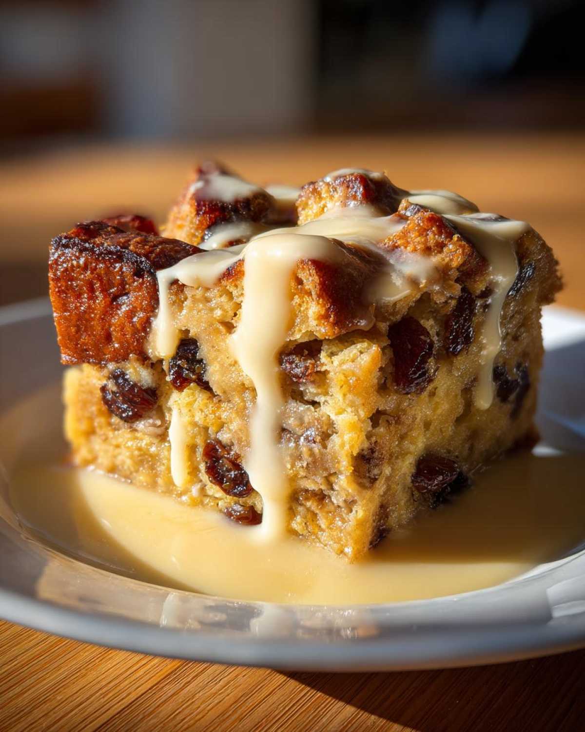 A square slice of rich bread pudding filled with raisins, topped with a thick vanilla cream sauce.