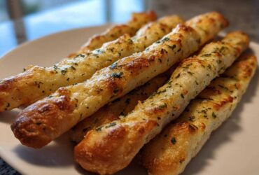 Close-up of several golden brown, cheesy breadsticks topped with parsley on a white plate.