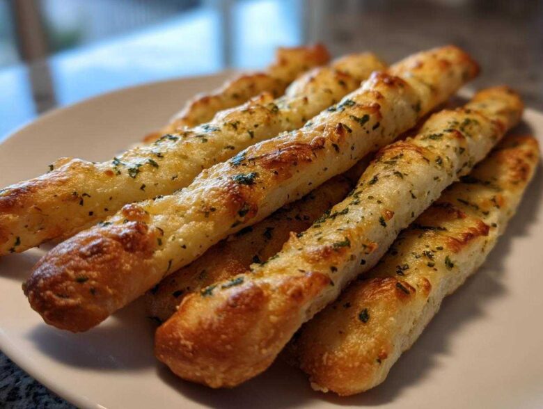 Close-up of several golden brown, cheesy breadsticks topped with parsley on a white plate.