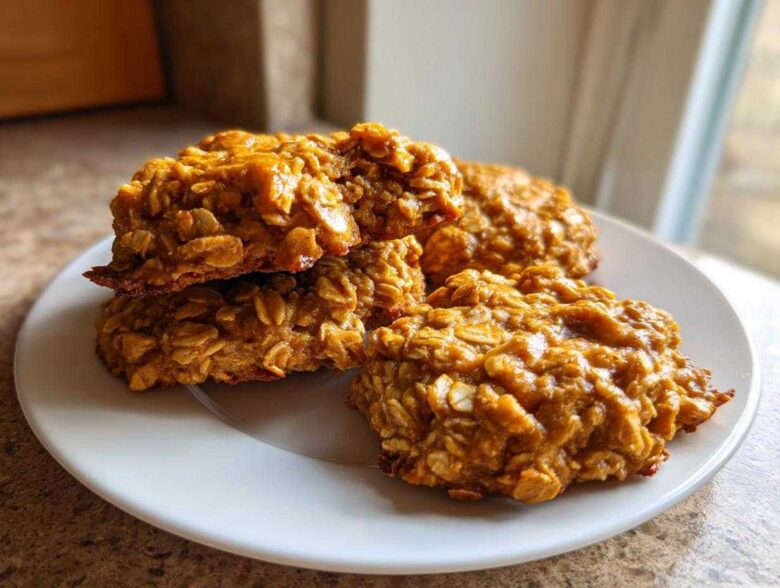 Close-up of four moist, orange-hued breakfast cookie oat treats stacked and resting on a white plate.