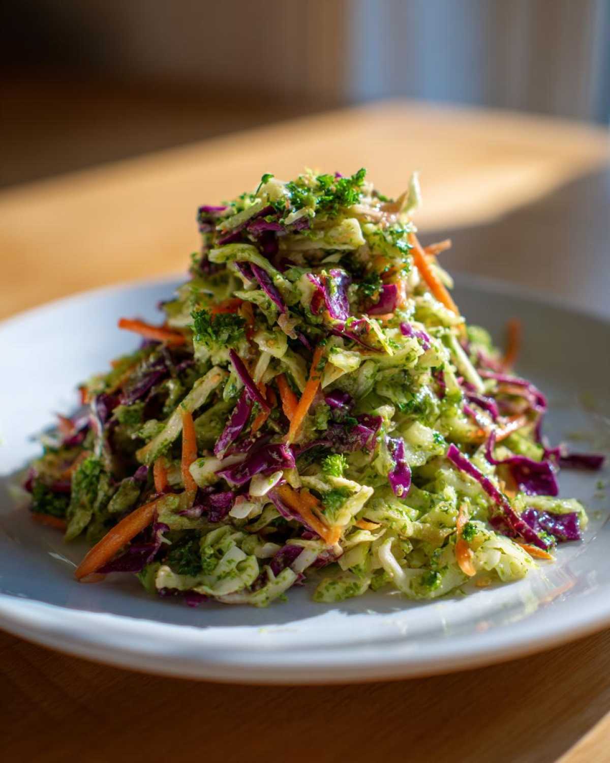 A mound of vibrant cabbage salad mixed with shredded carrots and coated in a bright green dressing, served on a white plate.