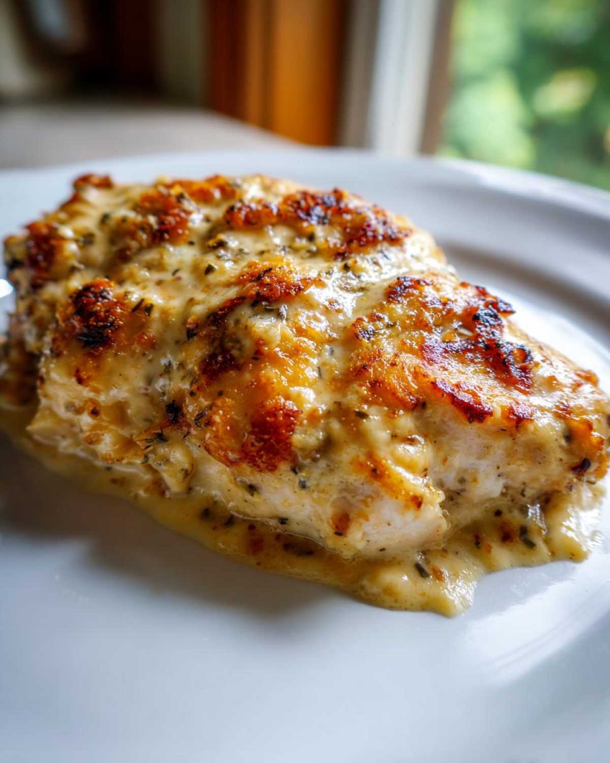 Close-up of a juicy caesar chicken breast topped with a creamy, browned sauce, served on a white plate.