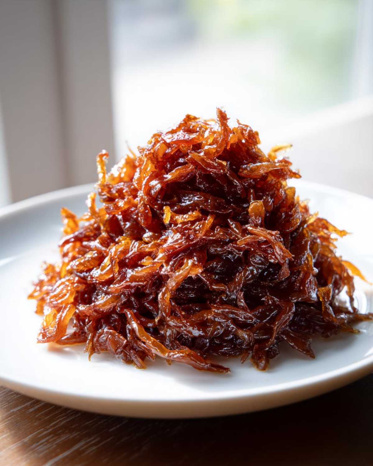 A close-up of a mound of deeply browned, glossy caramelized onions served on a white plate.