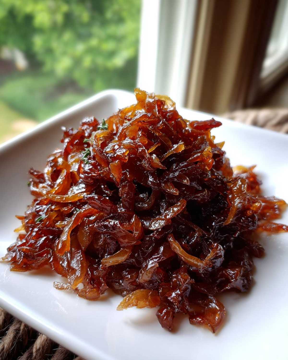 A close-up of a mound of deeply browned, glossy caramelized onions served on a square white plate.