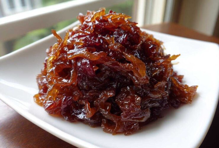 A close-up of deeply browned, glossy caramelized onions piled high on a white square plate.